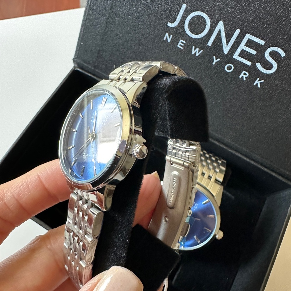 🆕 Jones New York His & Hers Watch Chrome Blue Face Bracelet Watch Gift Set - Picture 10 of 15